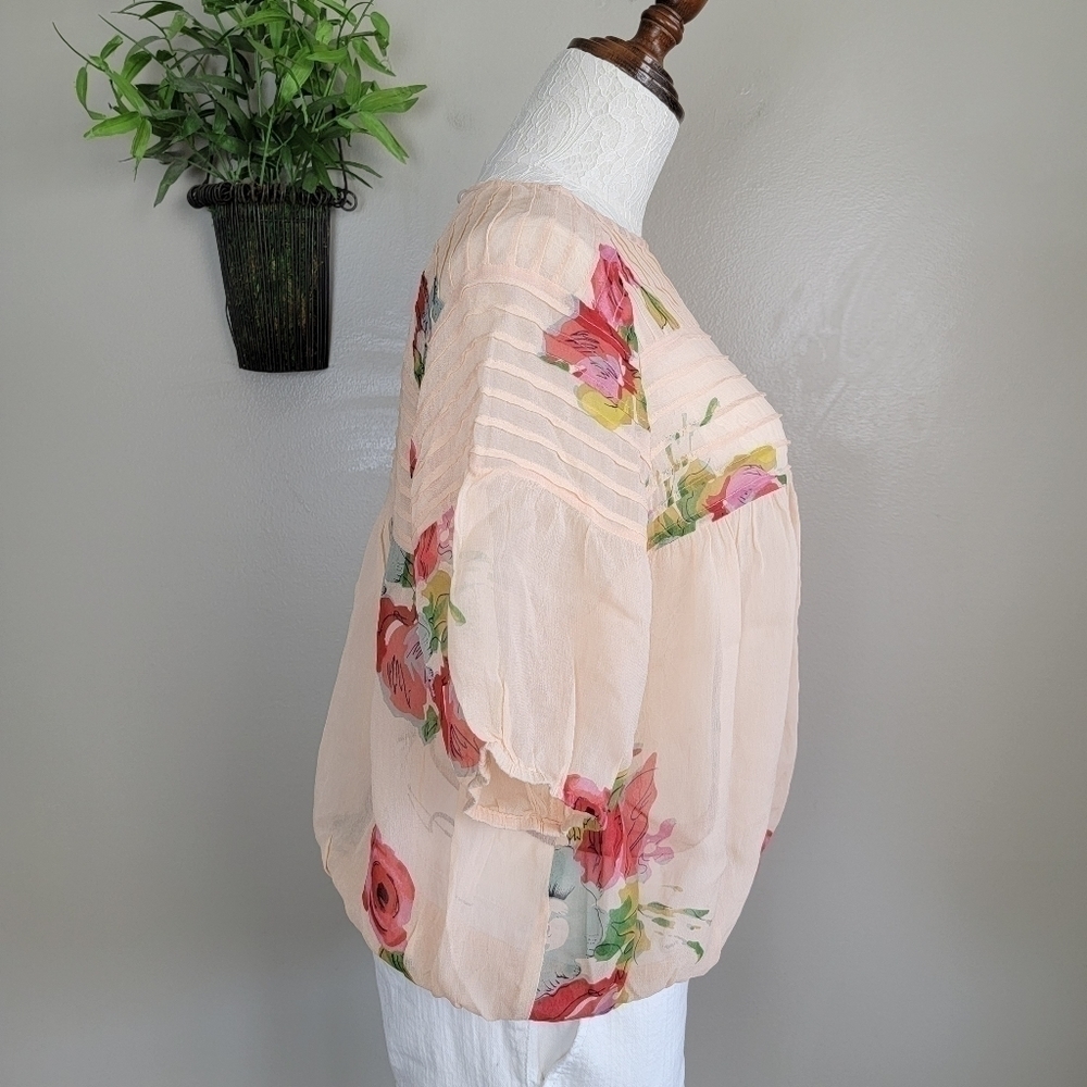 Anthropologie Boho Top One Fine Day Tea Rose Floral Sheer Pleated Pin Tucked S - Picture 6 of 16